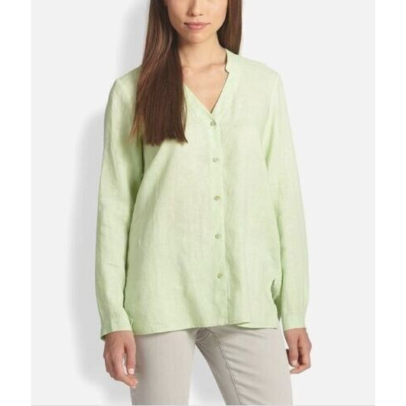Eileen Fisher Tops - Eileen Fisher 100% Irish Linen Button Front Shirt Green Large Top Coastal Beachy